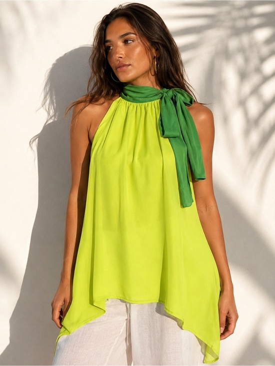 Sweet Pea Tops - Y2K Sweet Pea for New York & Company Lime Green Halter Tie Neck Tunic Top Size L